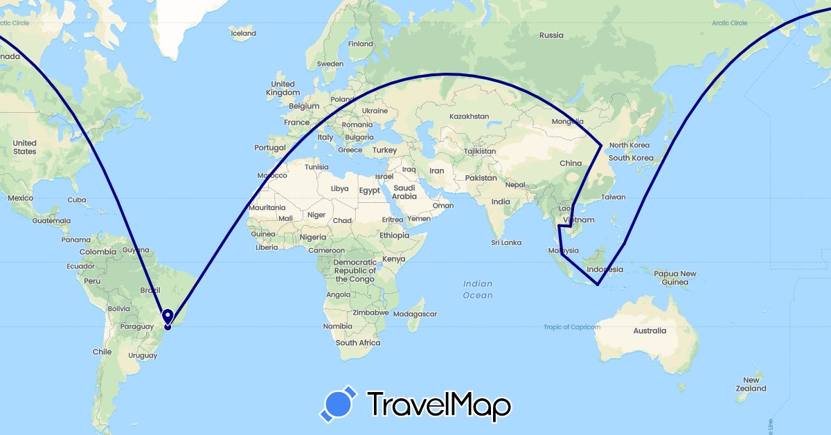 TravelMap itinerary: driving in Brazil, China, Indonesia, Japan, Cambodia, Malaysia, Philippines, Russia, Singapore, Thailand, Vietnam (Asia, Europe, South America)